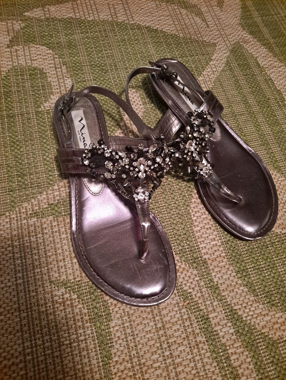 Nina Metallic Silver Jeweled T-Strap Sandals